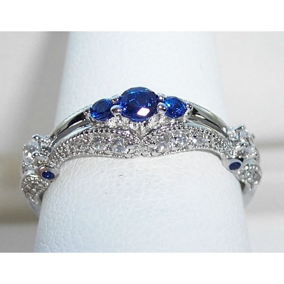 925 STERLING SILVER Antique Style Blue Spinel Cubic Zirconia Filigree Ring - Picture 4 of 16